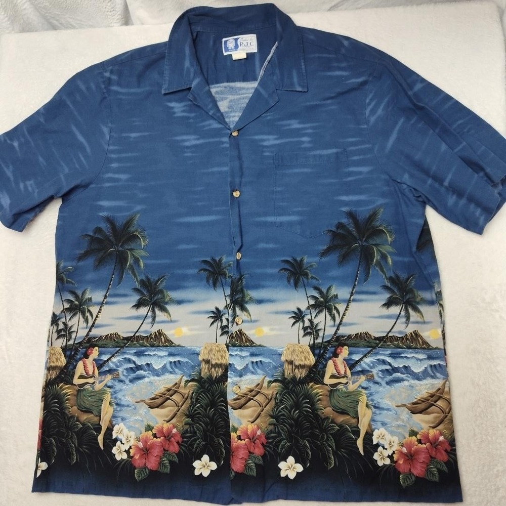 RJC Shirt Mens 2XL Blue Hawaiian‎ Aloha Floral Beach Hula Girl Hawaii Cotton USA